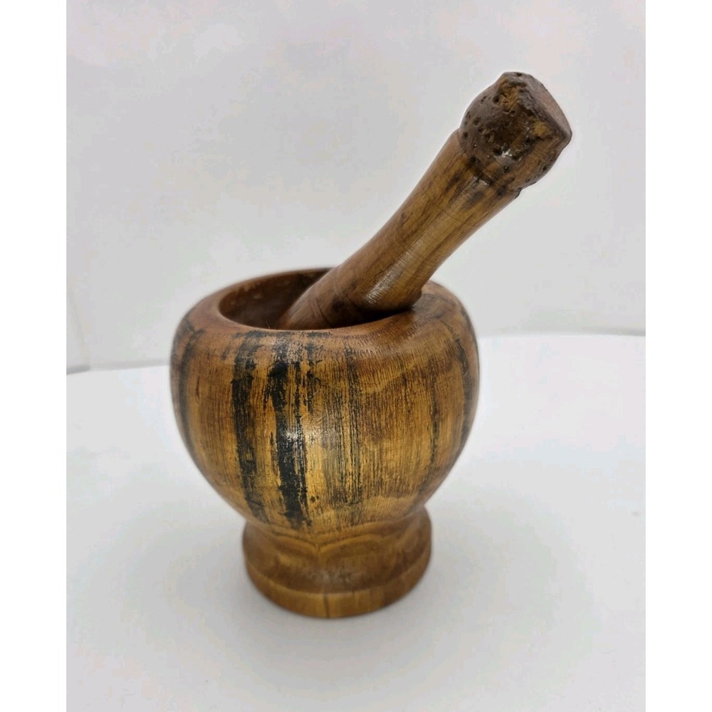 VTG‎ Hand Carved Wooden Mortar Pestle Rustic Primitive Farmhouse Kitchen Decor